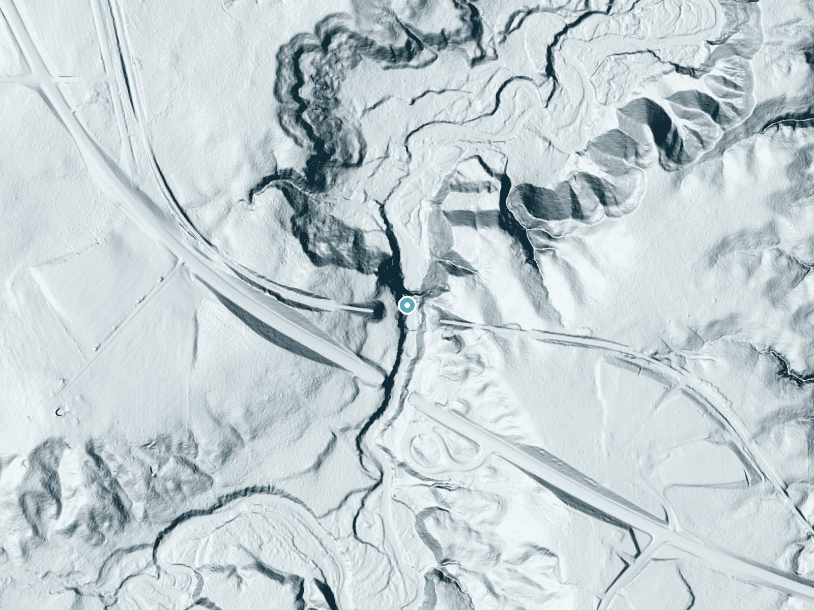 LiDAR bare-earth terrain around Agate Falls near Bruce Crossing, Michigan, showing about 151 feet of drop, a steep tiered drop, facing north