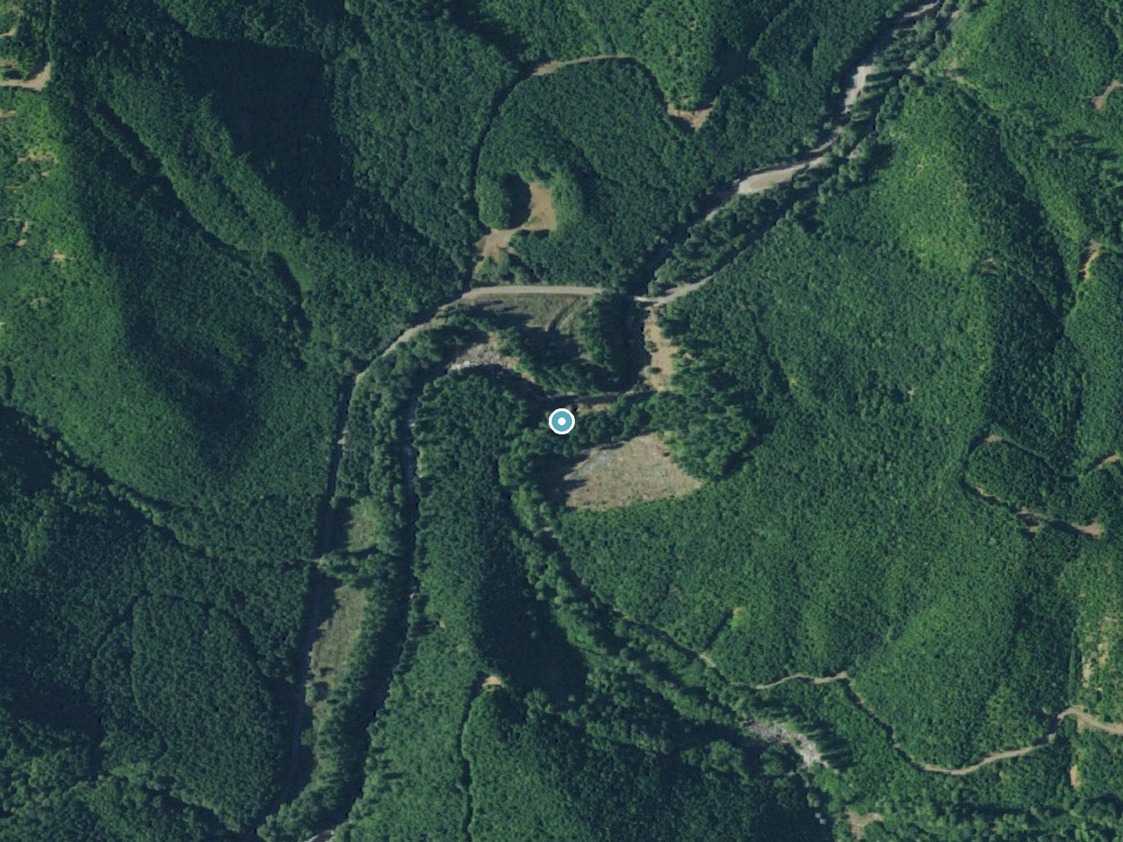 Aerial photo of the same ground around Fisk Falls near Pe Ell, Washington, for comparison with the lidar view