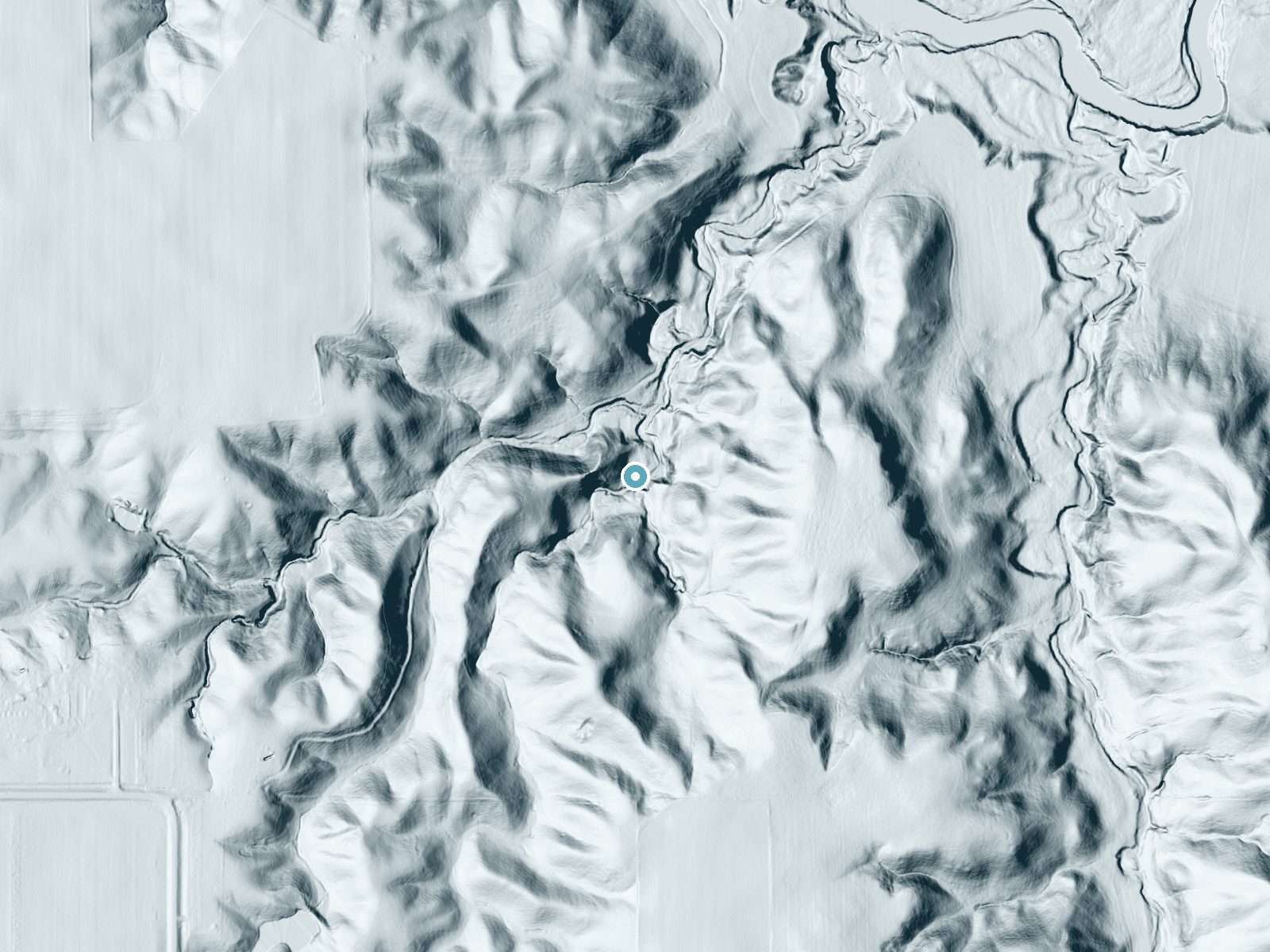 LiDAR bare-earth terrain around Mineral Springs Falls near Fort Ransom, North Dakota, showing about 76 feet of drop, a long cascade, facing north
