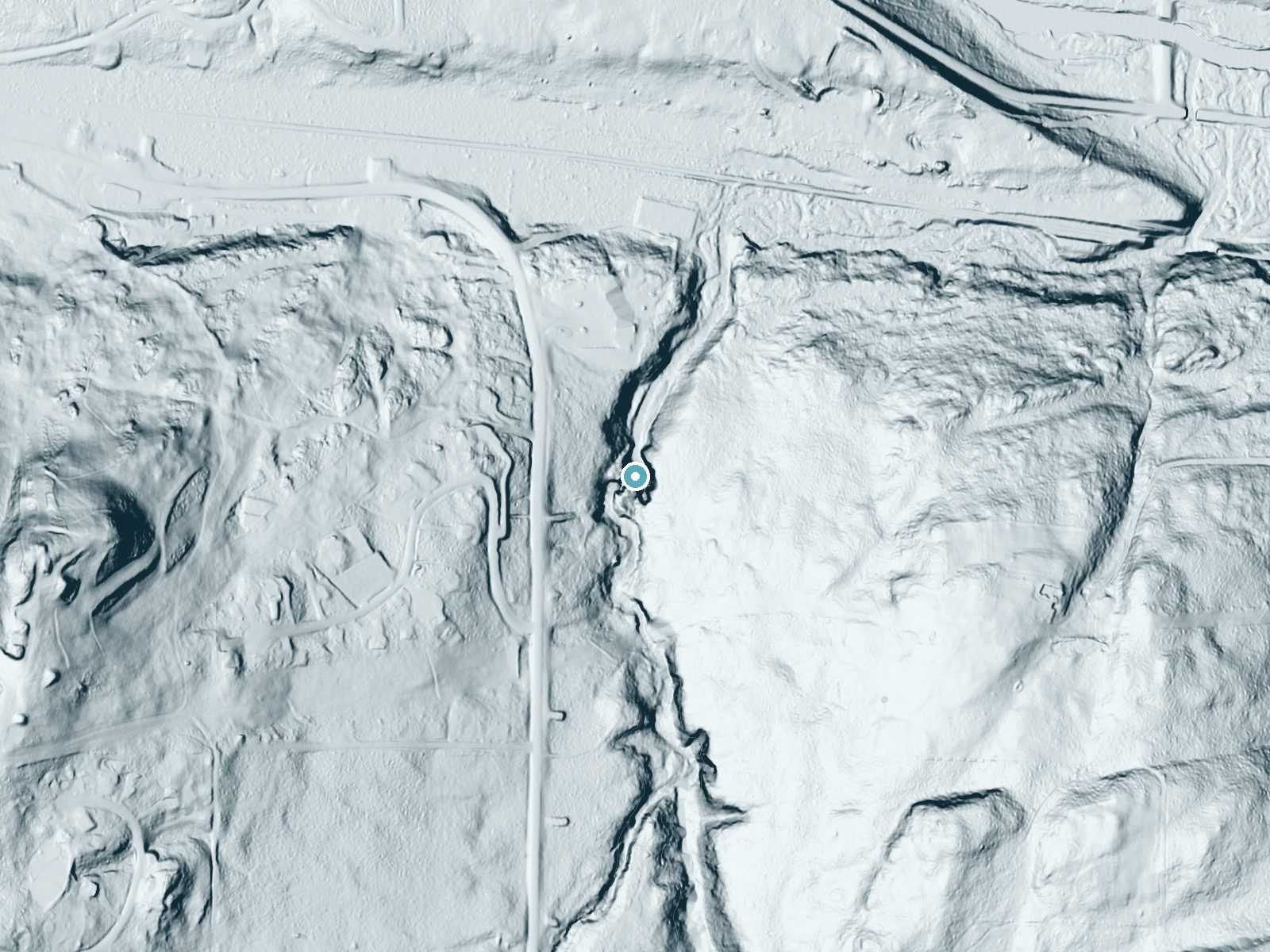 LiDAR bare-earth terrain around Powder Horn Falls near Bessemer, Michigan, showing about 78 feet of drop, a steep tiered drop, facing northwest