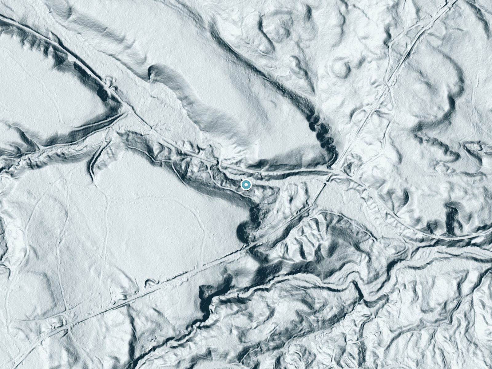 LiDAR bare-earth terrain around Lower Carp River Falls near Trowbridge Park, Michigan, showing about 126 feet of drop, a steep tiered drop, facing northeast