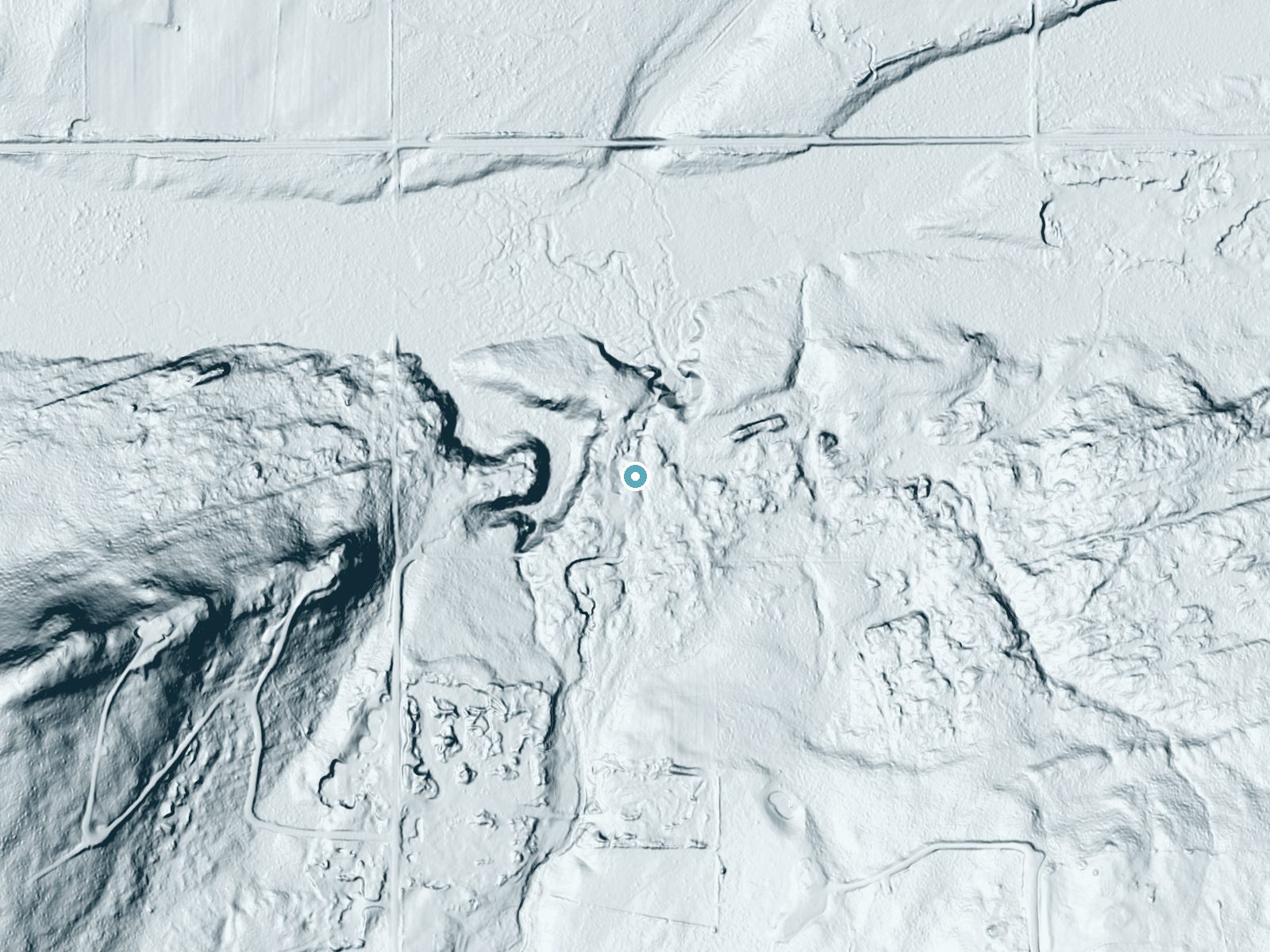 LiDAR bare-earth terrain around Rocky Forty Falls near Ironwood, Michigan, showing about 50 feet of drop, a long cascade, facing north