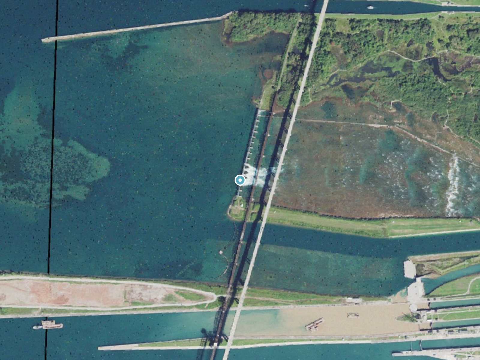 Aerial photo of the same ground around Saint Marys Falls near Sault Ste. Marie, Michigan, for comparison with the lidar view