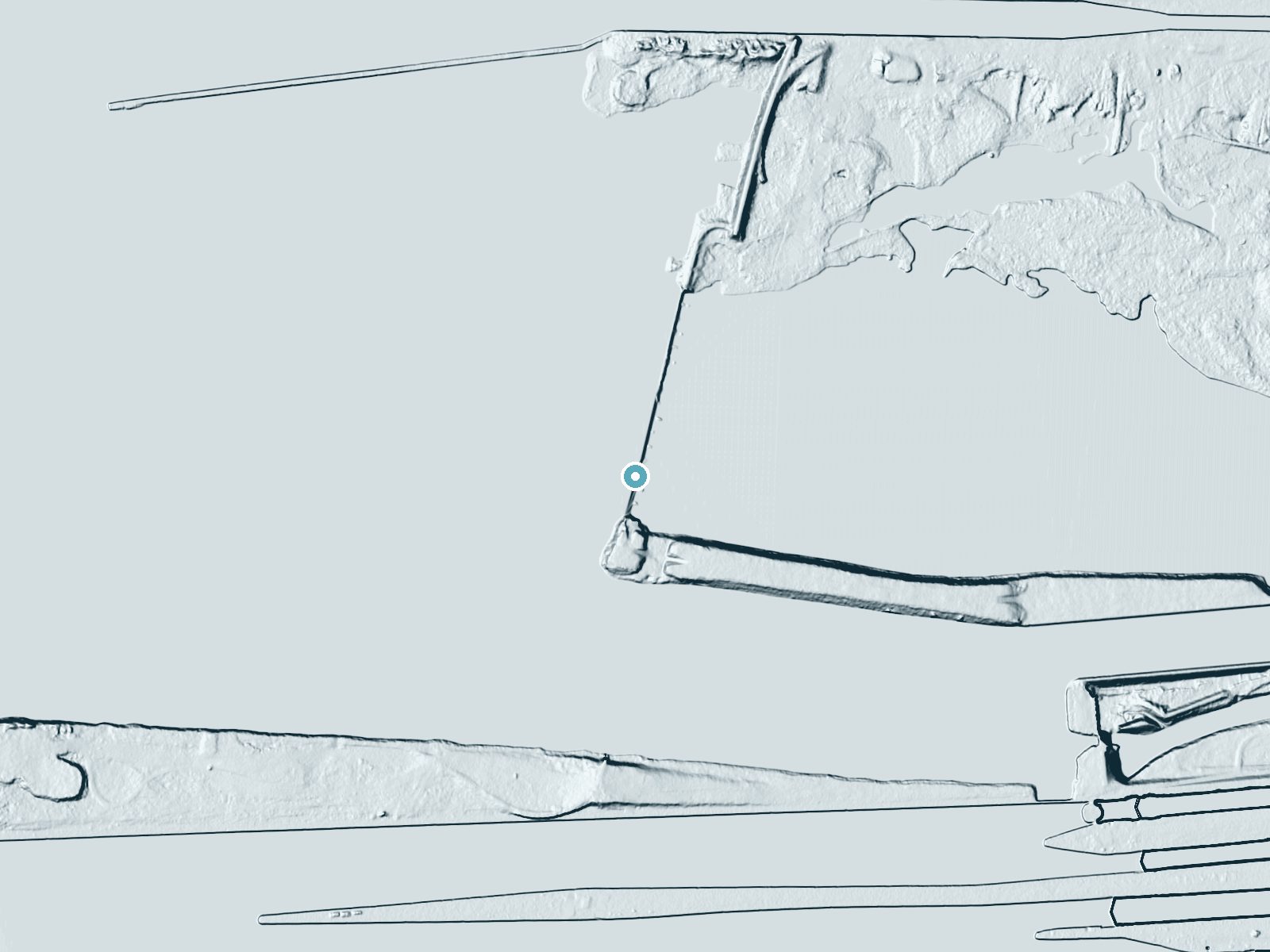 LiDAR bare-earth terrain around Saint Marys Falls near Sault Ste. Marie, Michigan, showing about 23 feet of drop, a long cascade, facing east
