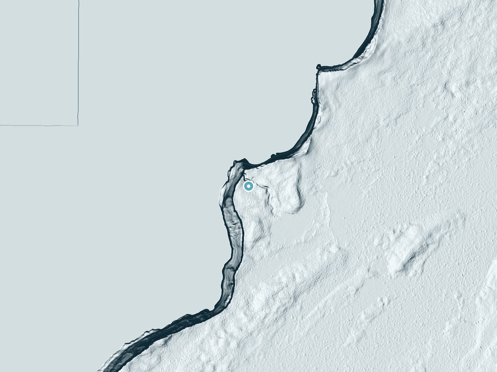 LiDAR bare-earth terrain around Bridalveil Falls near Munising, Michigan, showing about 167 feet of drop, a steep tiered drop, facing northwest