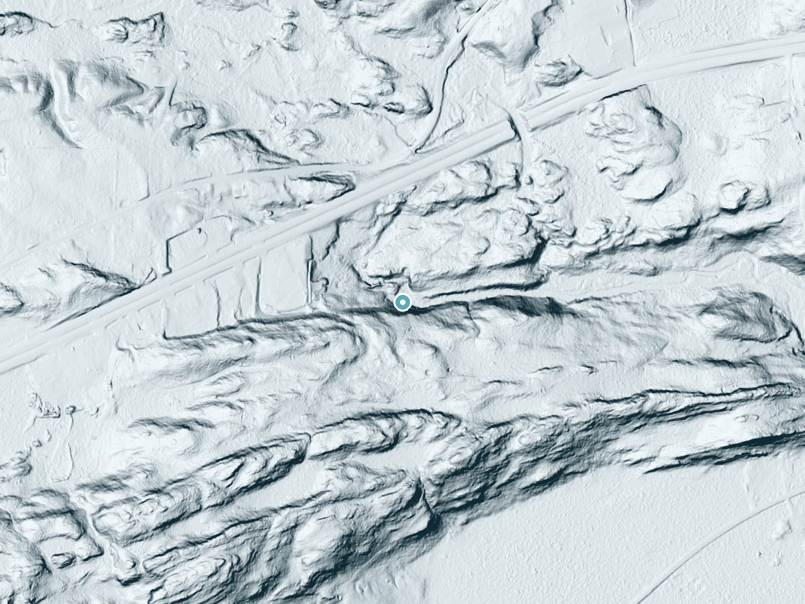 LiDAR bare-earth terrain around Upper Carp River Falls near Negaunee, Michigan, showing about 116 feet of drop, a steep tiered drop, facing north