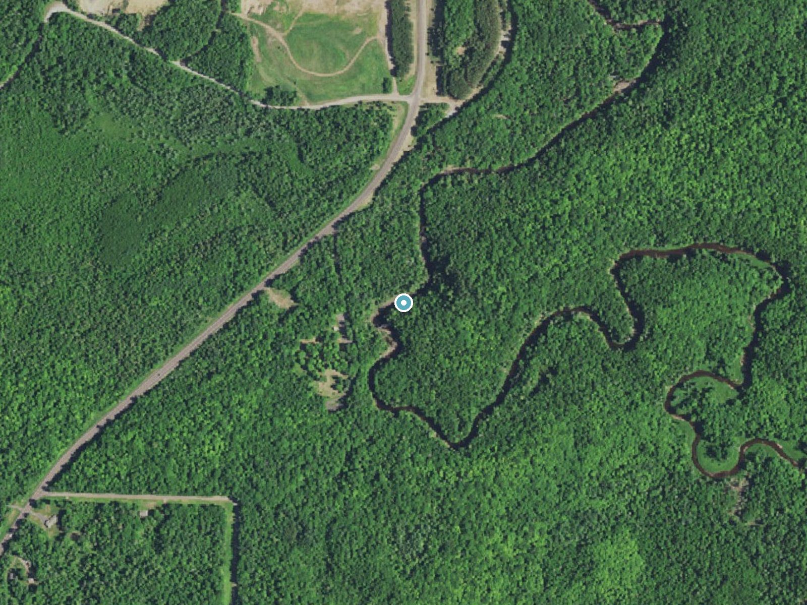 Aerial photo of the same ground around Little Manitou Falls near Oliver, Wisconsin, for comparison with the lidar view