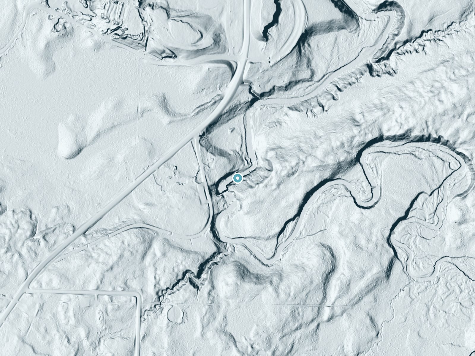 LiDAR bare-earth terrain around Little Manitou Falls near Oliver, Wisconsin, showing about 84 feet of drop, a long cascade, facing north