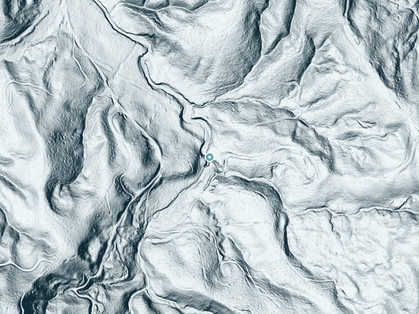 LiDAR bare-earth terrain around Willapa Falls near Lebam, Washington, showing about 105 feet of drop, a long cascade, facing northwest