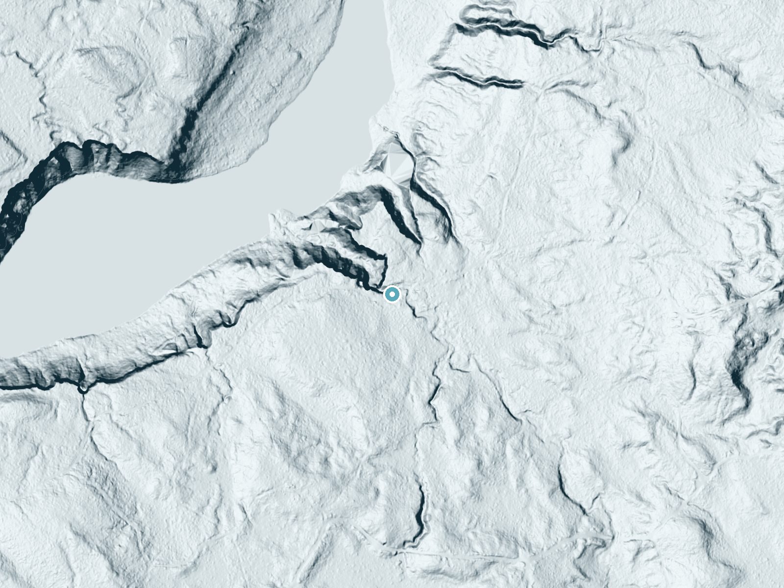 LiDAR bare-earth terrain around Chapel Falls near Munising, Michigan, showing about 104 feet of drop, a steep tiered drop, facing northwest