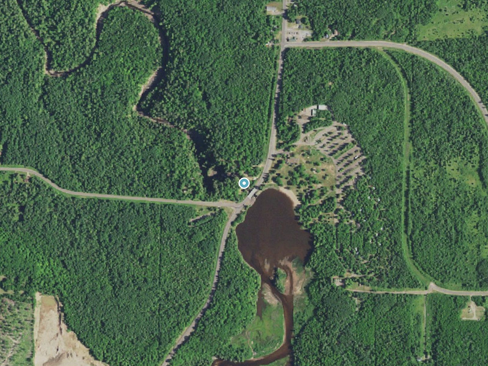 Aerial photo of the same ground around Big Manitou Falls near Oliver, Wisconsin, for comparison with the lidar view
