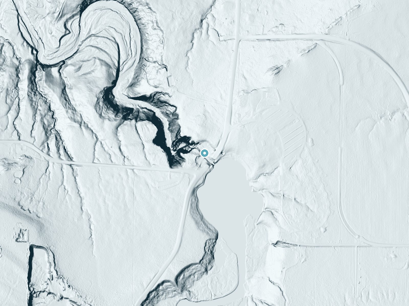LiDAR bare-earth terrain around Big Manitou Falls near Oliver, Wisconsin, showing about 131 feet of drop, a steep tiered drop, facing west