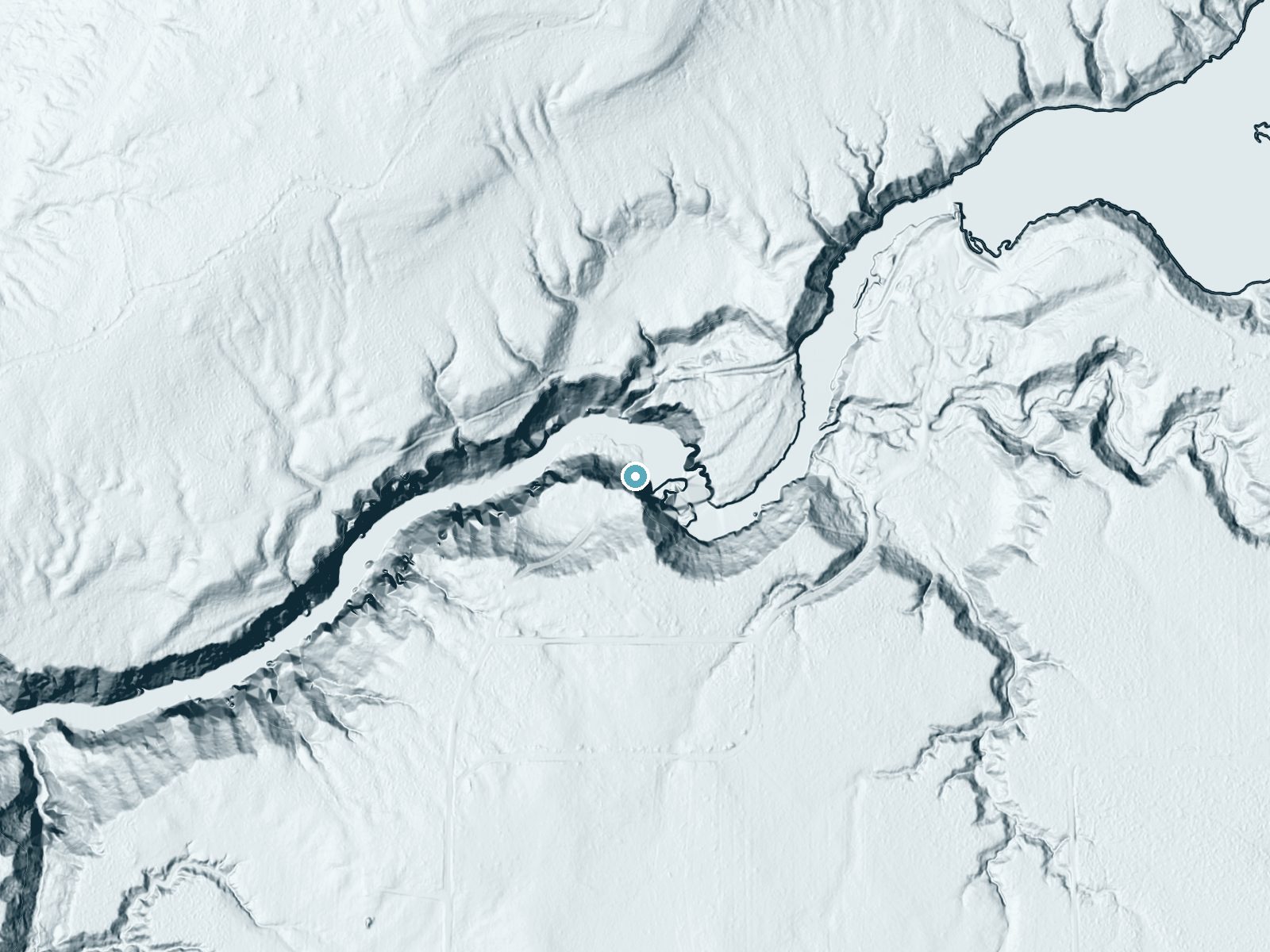 LiDAR bare-earth terrain around Saxon Falls near Saxon, Michigan, showing about 153 feet of drop, a steep tiered drop, facing north