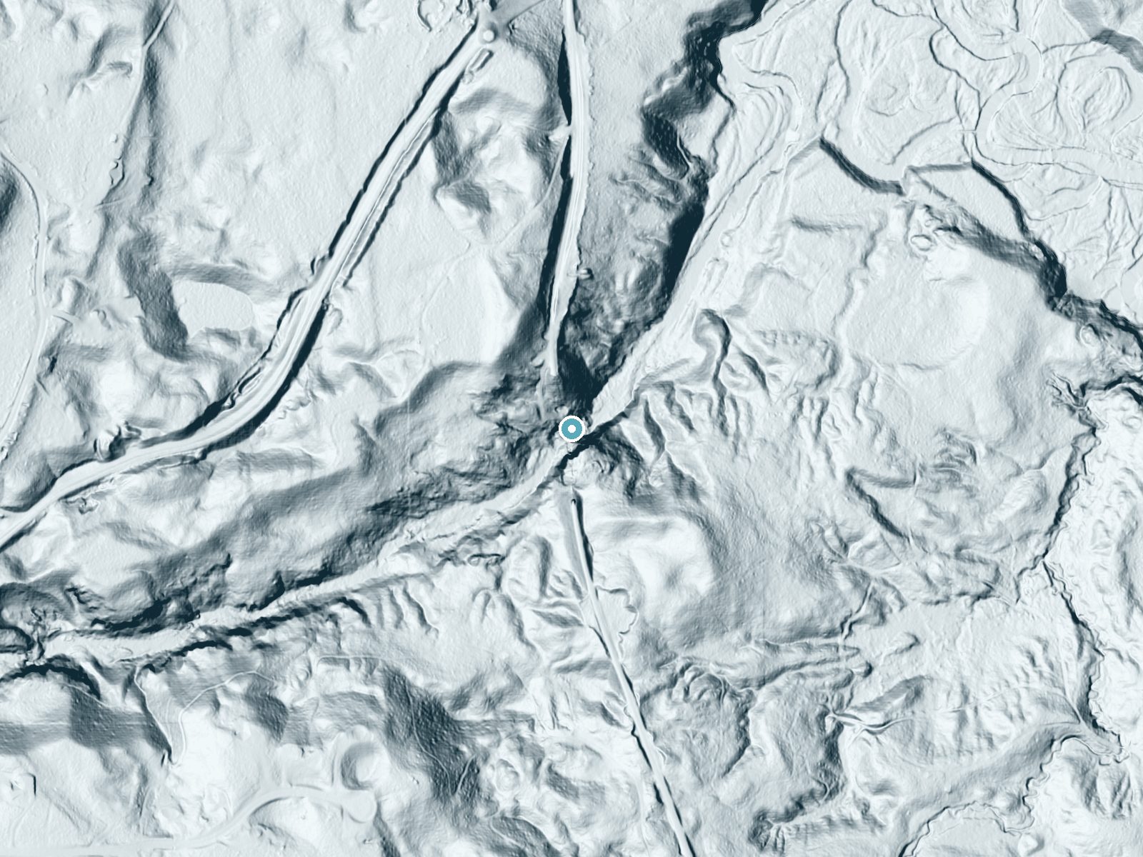 LiDAR bare-earth terrain around Trestle Falls near Trowbridge Park, Michigan, showing about 145 feet of drop, a long cascade, facing northeast