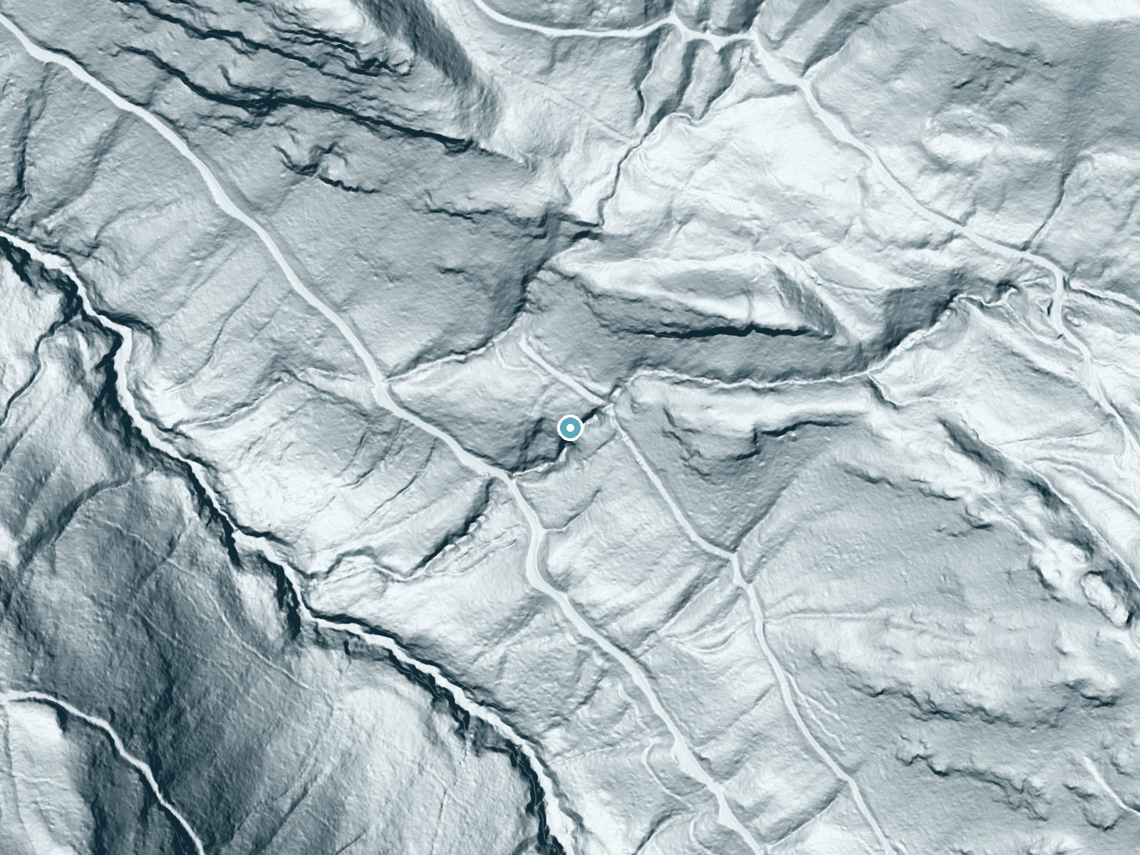 LiDAR bare-earth terrain around Jennings Falls near Packwood, Washington, showing about 352 feet of drop, a steep tiered drop, facing southwest