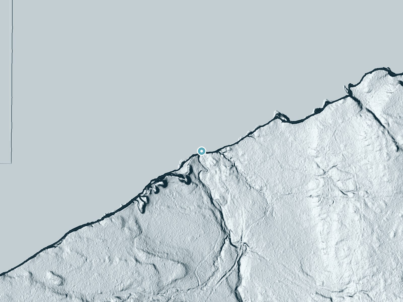 LiDAR bare-earth terrain around Spray Falls near Munising, Michigan, showing about 76 feet of drop, a steep tiered drop, facing north
