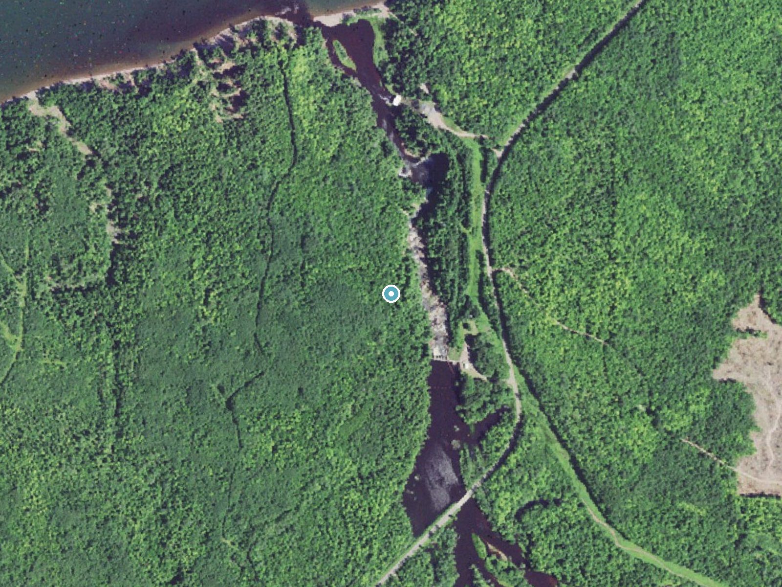 Aerial photo of the same ground around Superior Falls near Saxon, Michigan, for comparison with the lidar view