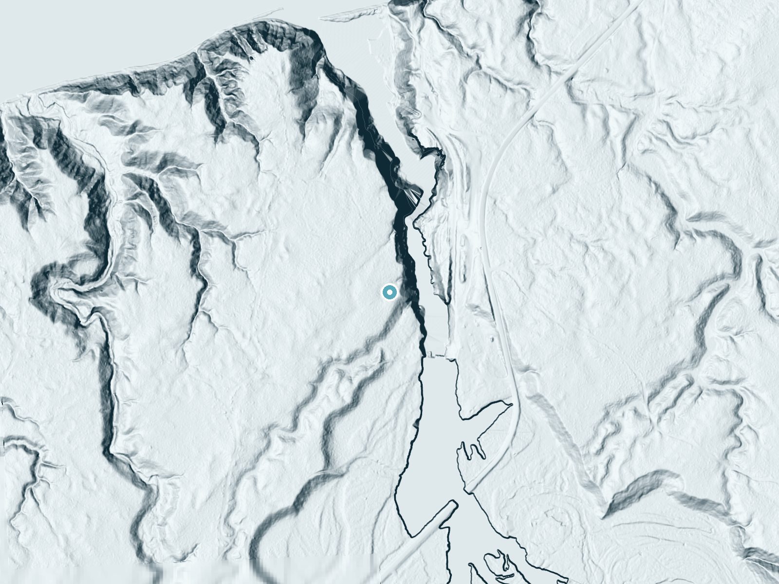 LiDAR bare-earth terrain around Superior Falls near Saxon, Michigan, showing about 109 feet of drop, a steep tiered drop, facing east