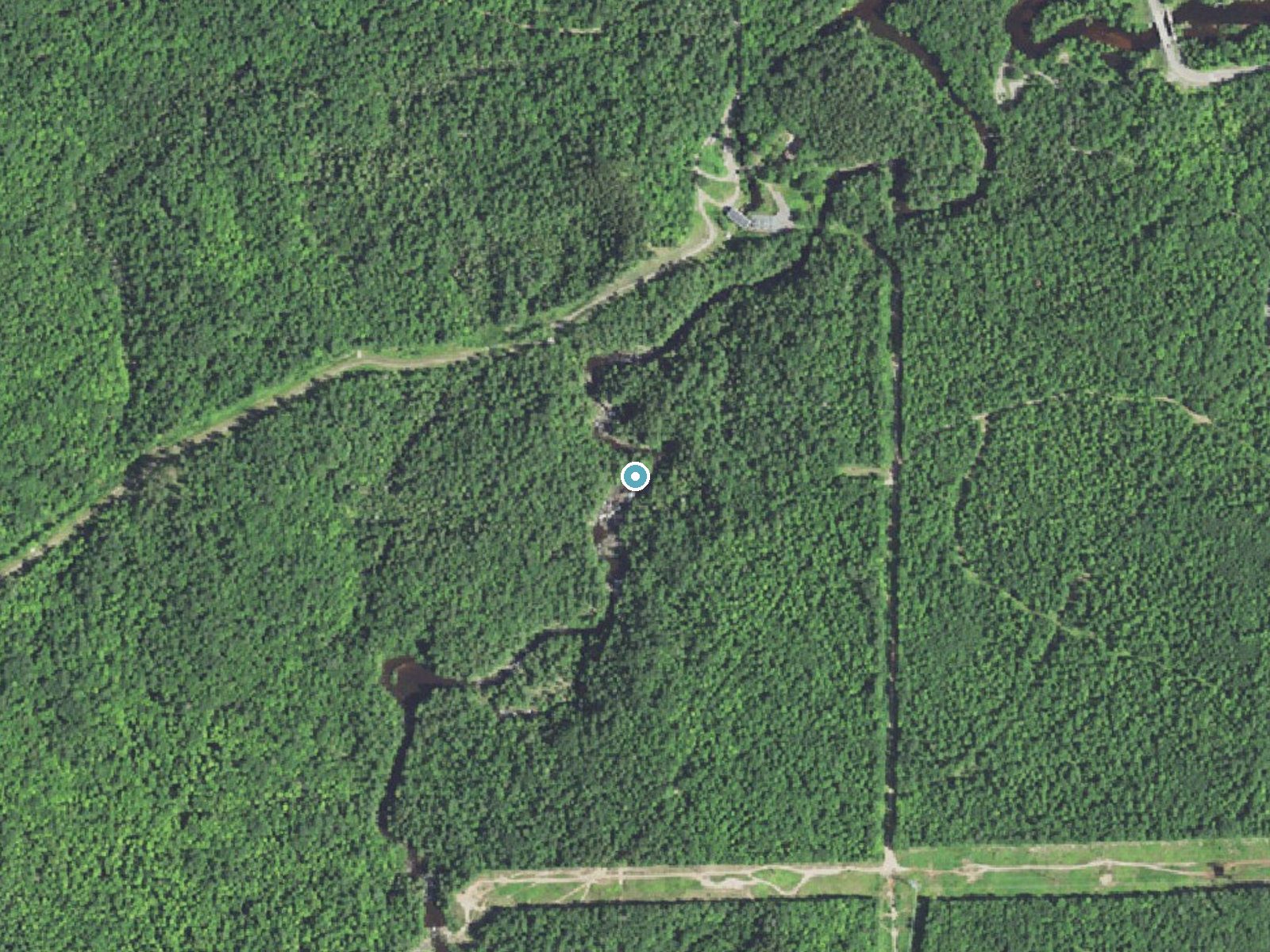 Aerial photo of the same ground around Dead River Falls near Trowbridge Park, Michigan, for comparison with the lidar view
