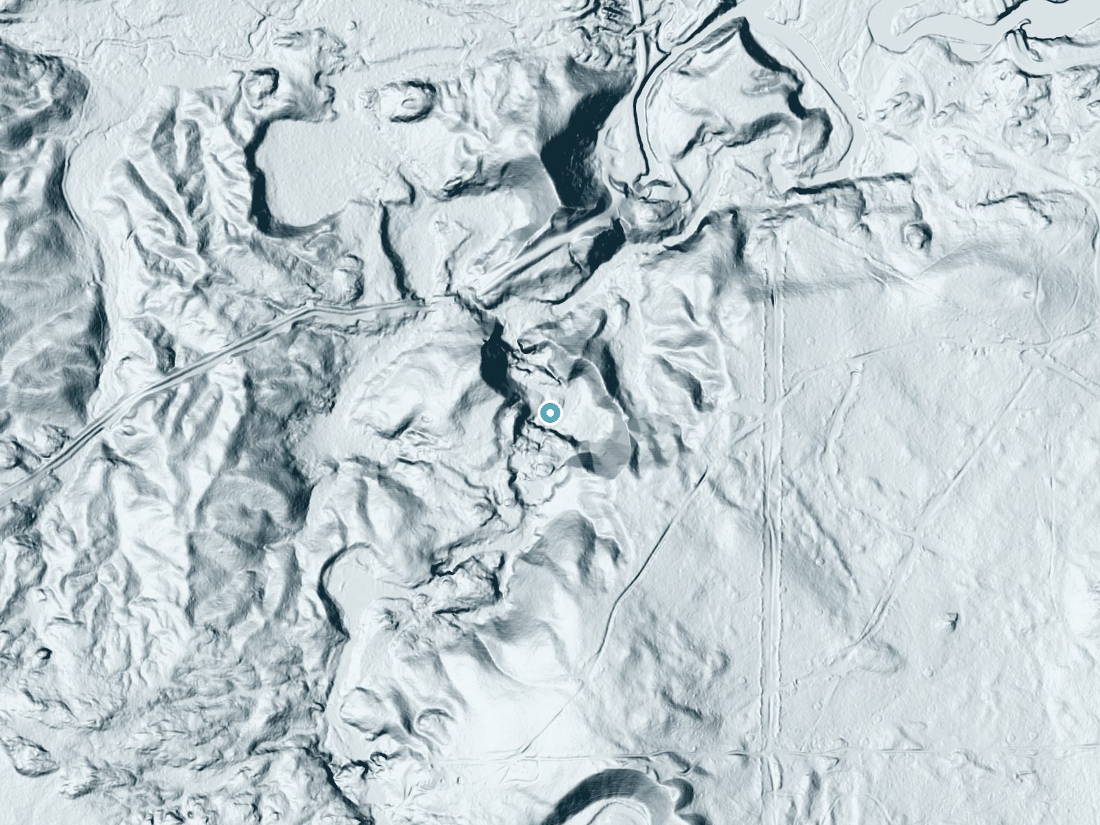 LiDAR bare-earth terrain around Dead River Falls near Trowbridge Park, Michigan, showing about 70 feet of drop, a long cascade, facing northeast