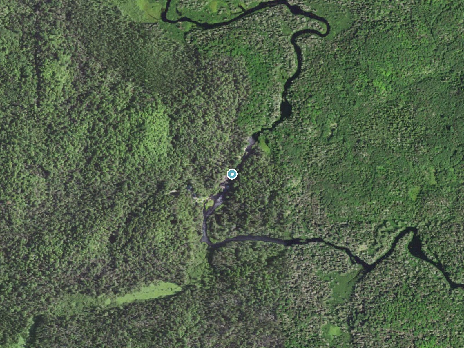 Aerial photo of the same ground around Dee Lundeen Falls near Michigamme, Michigan, for comparison with the lidar view