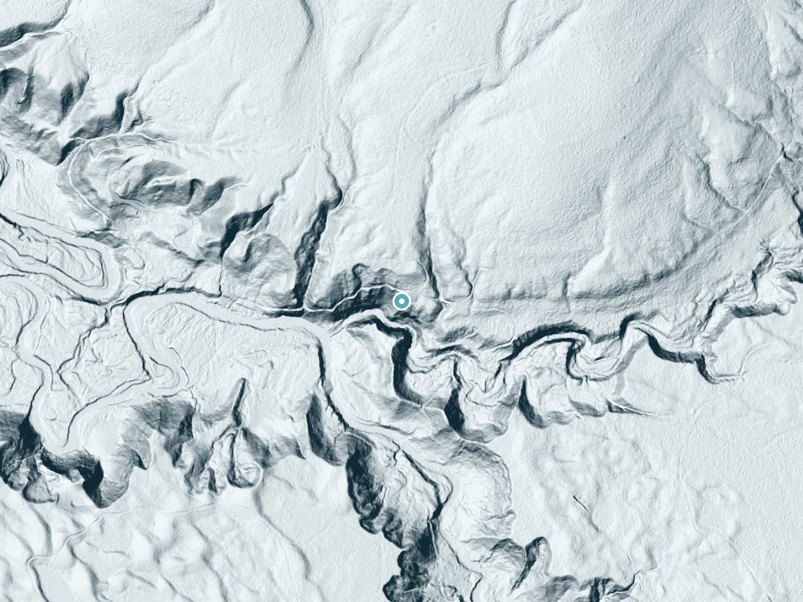 LiDAR bare-earth terrain around Onion Falls near Bruce Crossing, Michigan, showing about 176 feet of drop, a steep tiered drop, facing south