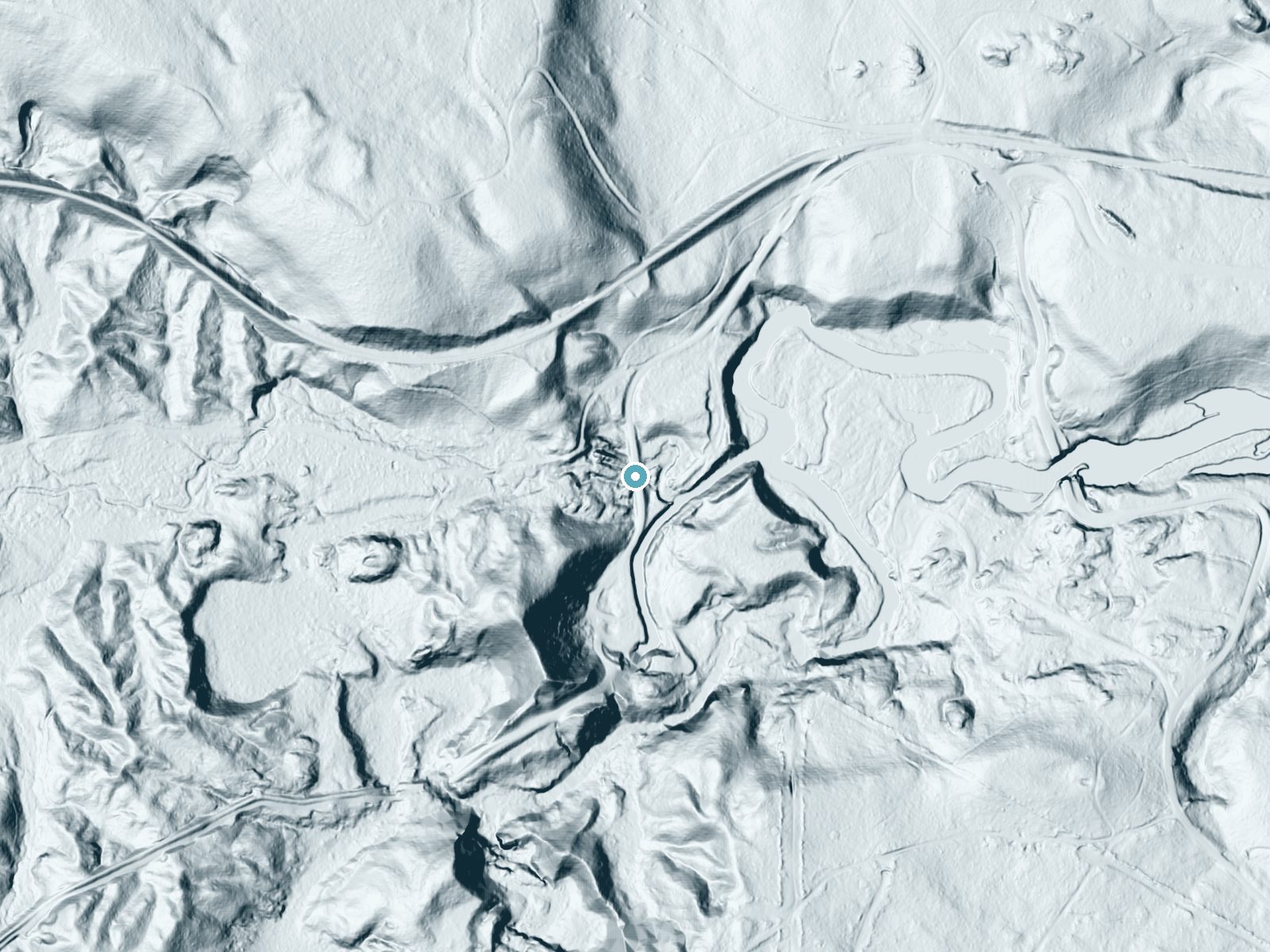 LiDAR bare-earth terrain around Reany Falls near Trowbridge Park, Michigan, showing about 68 feet of drop, a long cascade, facing east