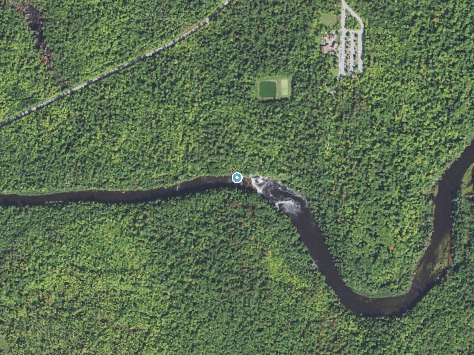 Aerial photo of the same ground around Upper Falls near Newberry, Michigan, for comparison with the lidar view