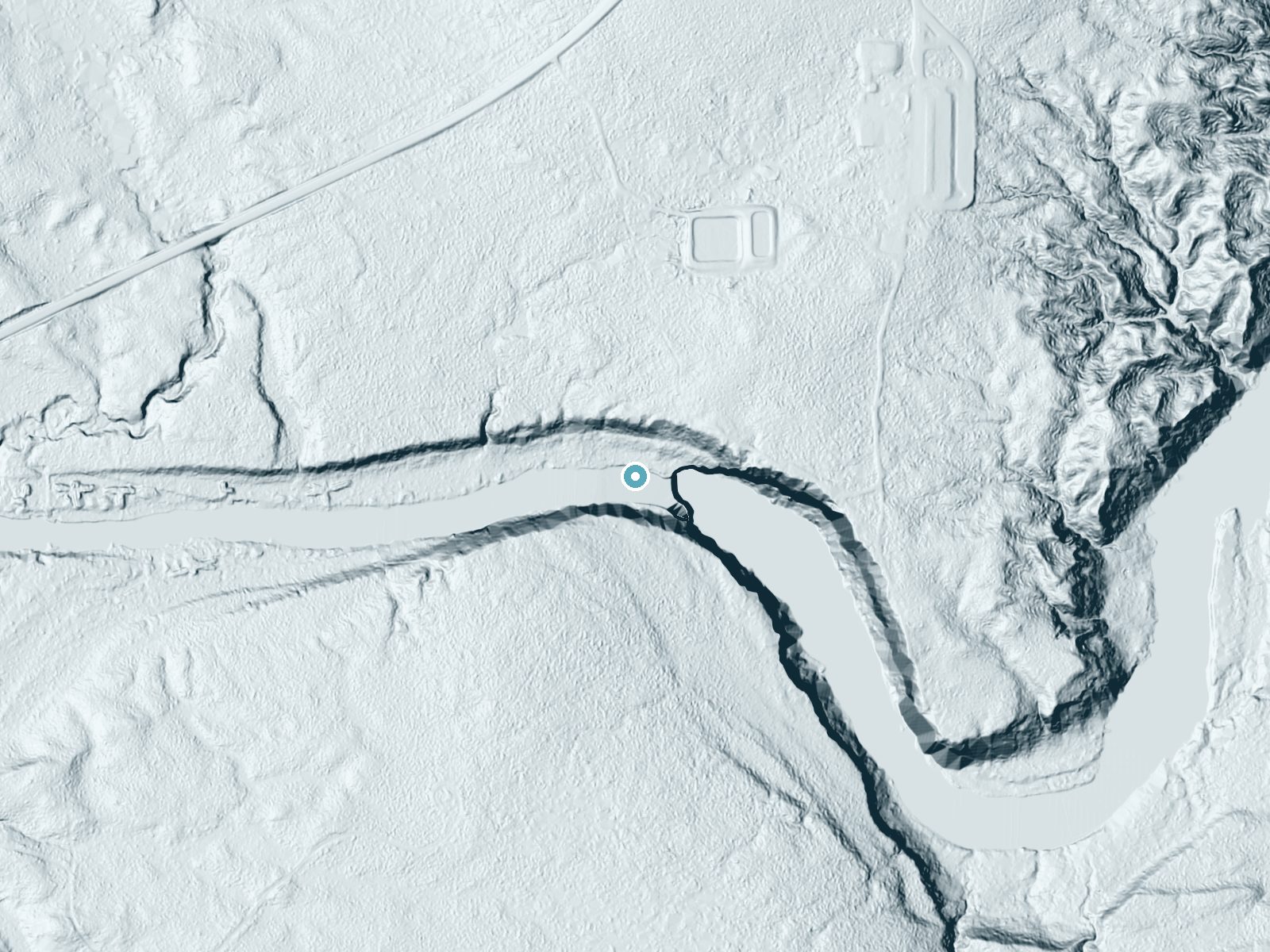 LiDAR bare-earth terrain around Upper Falls near Newberry, Michigan, showing about 99 feet of drop, a steep tiered drop, facing southeast