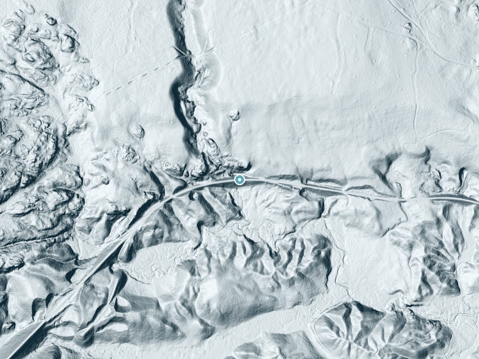 LiDAR bare-earth terrain around Holeyoke Falls near Trowbridge Park, Michigan, showing about 108 feet of drop, a steep tiered drop, facing south