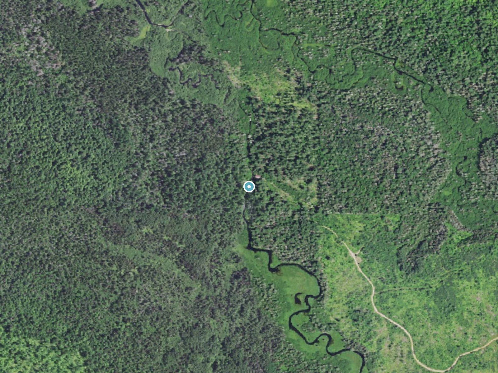 Aerial photo of the same ground around Tioga Falls near Three Lakes, Michigan, for comparison with the lidar view