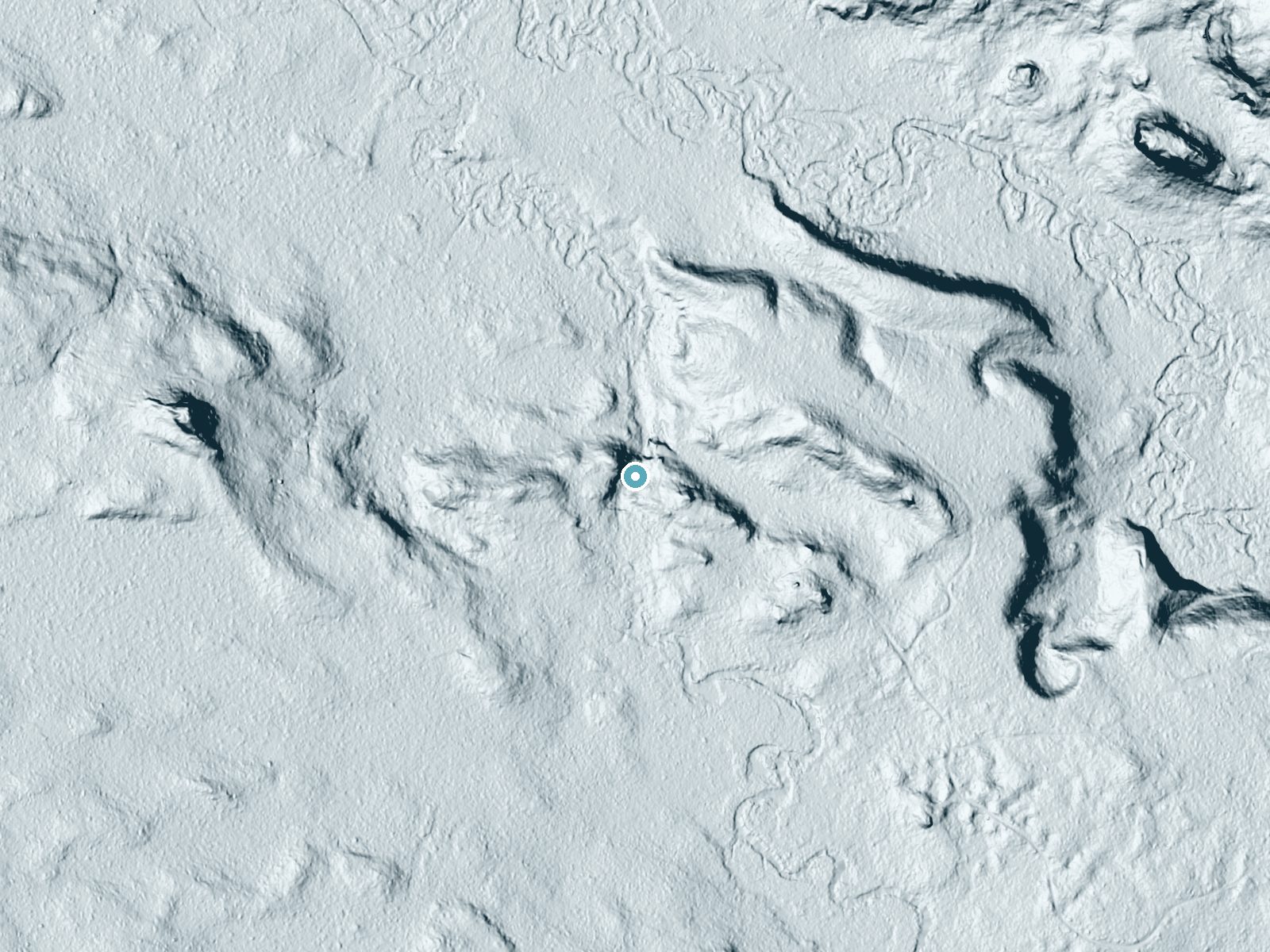 LiDAR bare-earth terrain around Tioga Falls near Three Lakes, Michigan, showing about 55 feet of drop, a long cascade, facing north