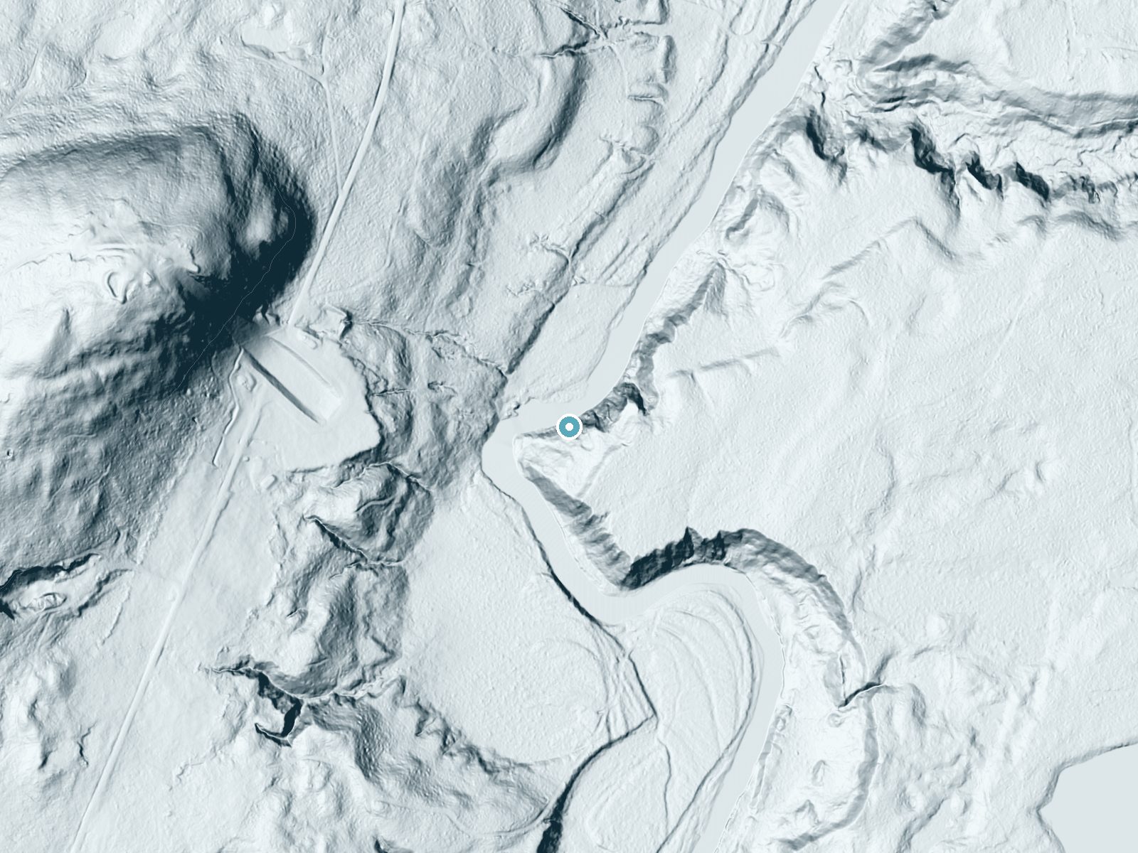 LiDAR bare-earth terrain around Chippewa Falls near Bessemer, Michigan, showing about 109 feet of drop, a steep tiered drop, facing northwest