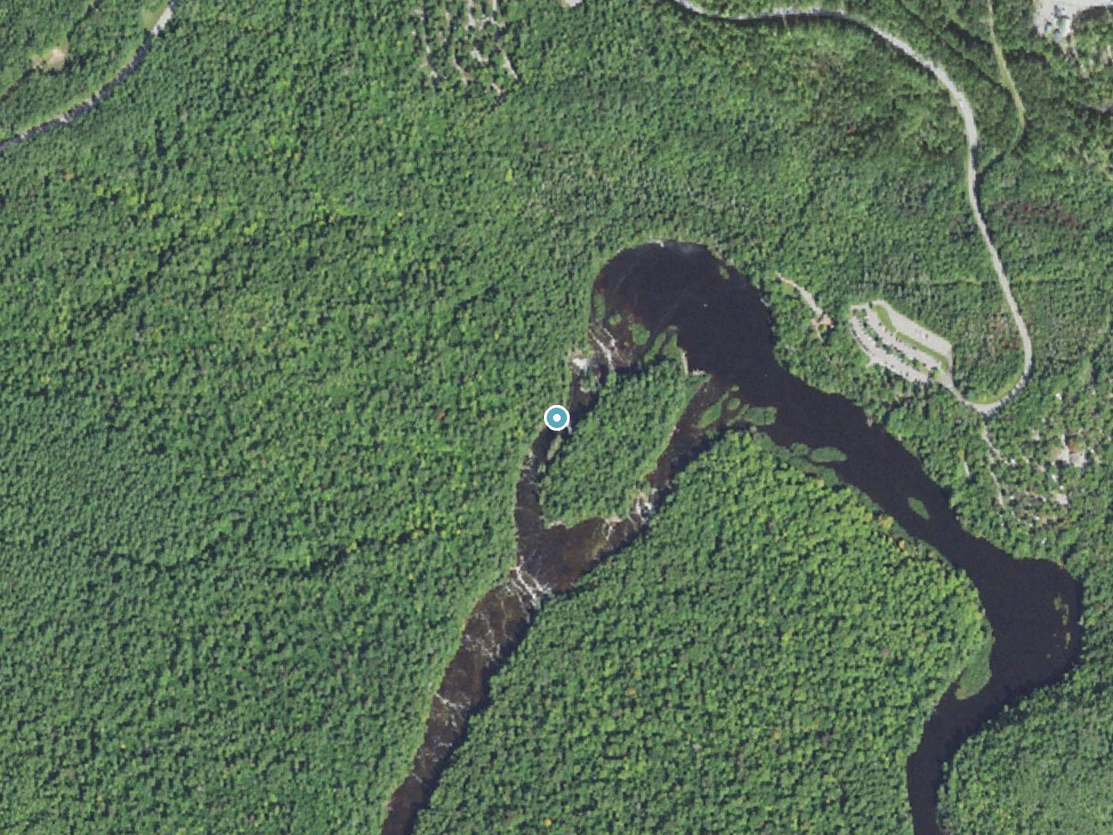 Aerial photo of the same ground around Lower Falls near Newberry, Michigan, for comparison with the lidar view