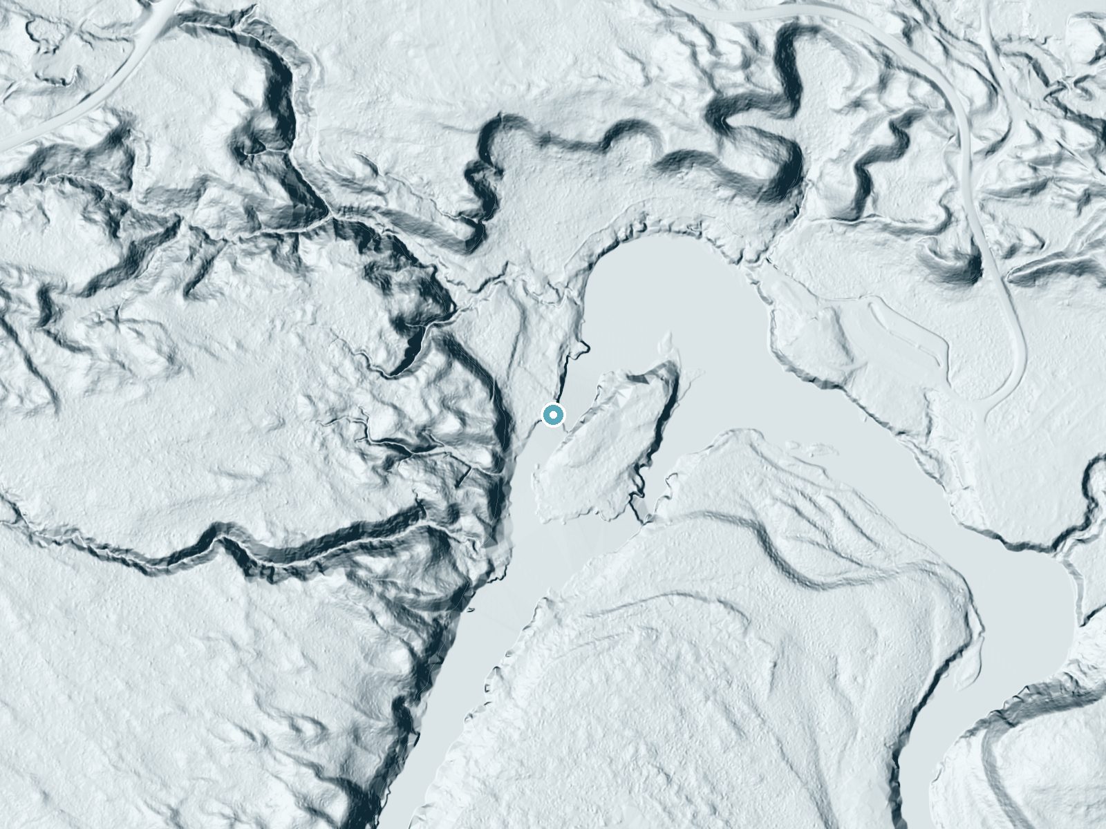 LiDAR bare-earth terrain around Lower Falls near Newberry, Michigan, showing about 58 feet of drop, a long cascade, facing northeast
