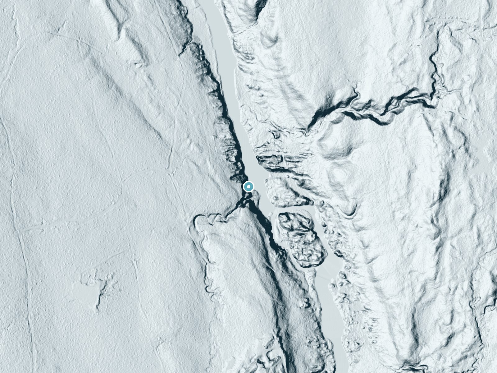 LiDAR bare-earth terrain around Nimikon Falls near Wakefield, Michigan, showing about 77 feet of drop, a steep tiered drop, facing east