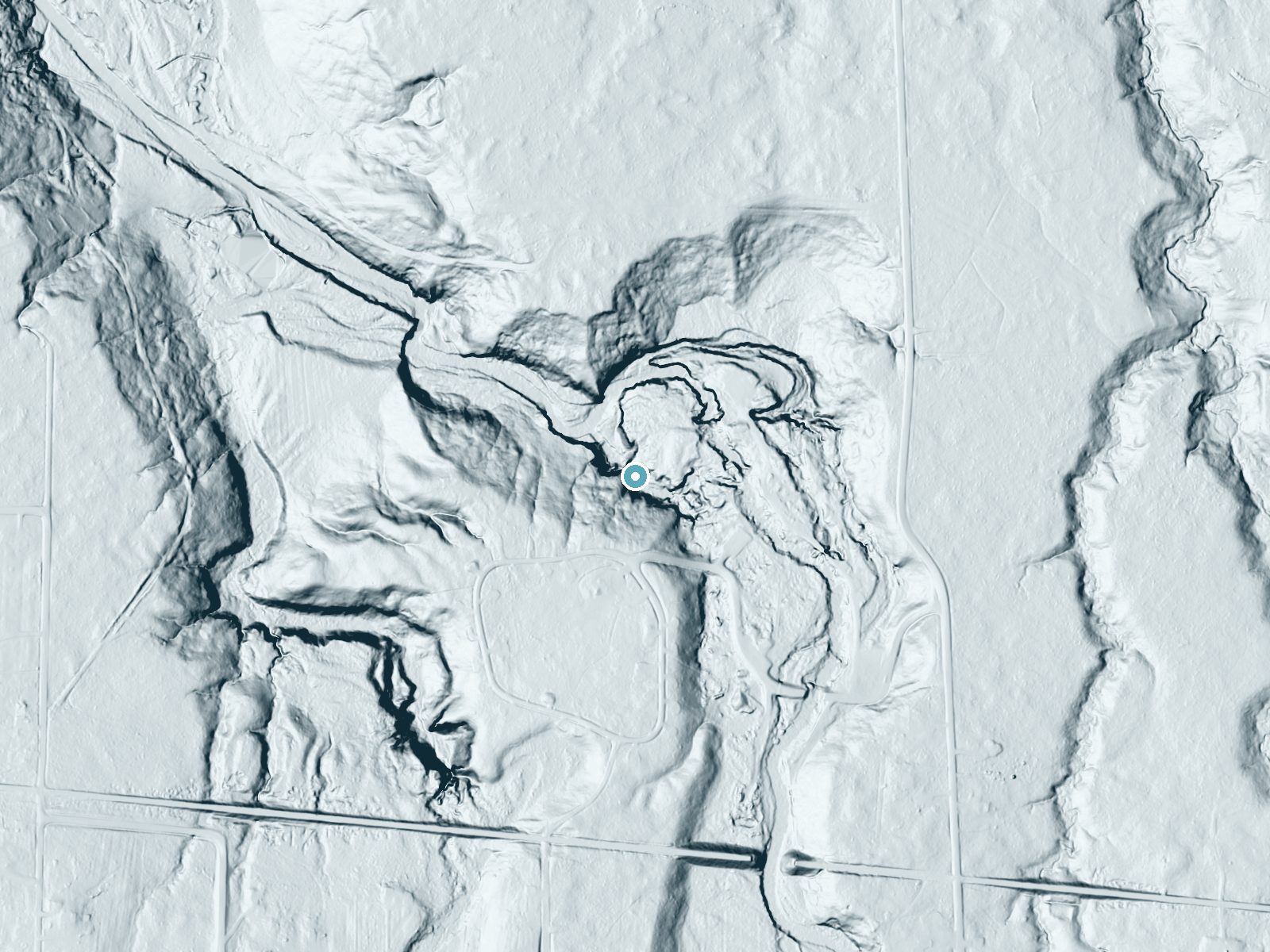 LiDAR bare-earth terrain around Amnicon Falls near Poplar, Wisconsin, showing about 96 feet of drop, a long cascade, facing north