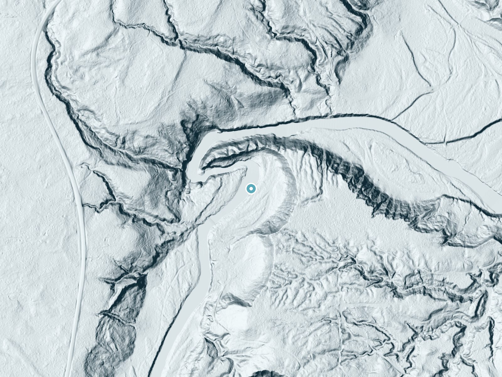 LiDAR bare-earth terrain around Algonquin Falls near Bessemer, Michigan, showing about 15 feet of drop, a long cascade, facing northwest