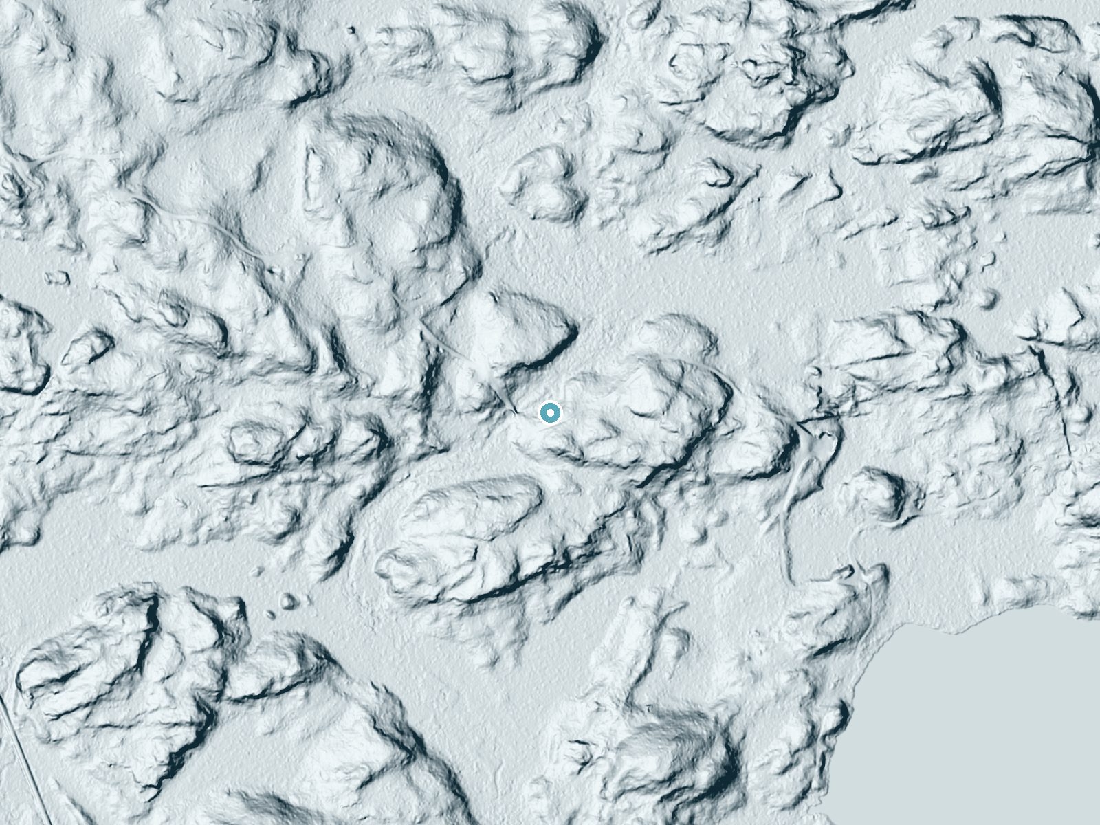 LiDAR bare-earth terrain around Upper Sturgeon Falls near Three Lakes, Michigan, showing about 56 feet of drop, a long cascade, facing northwest