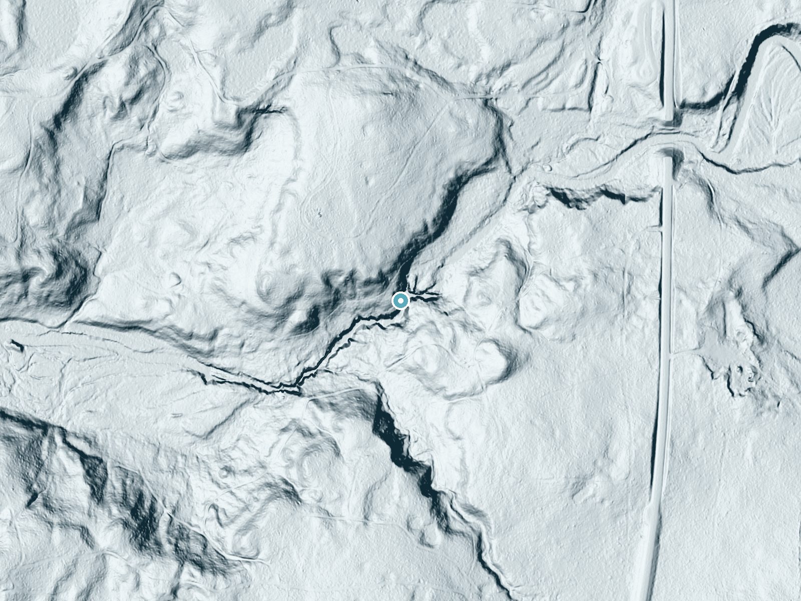 LiDAR bare-earth terrain around Lower Canyon Falls near Covington, Michigan, showing about 103 feet of drop, a steep tiered drop, facing south