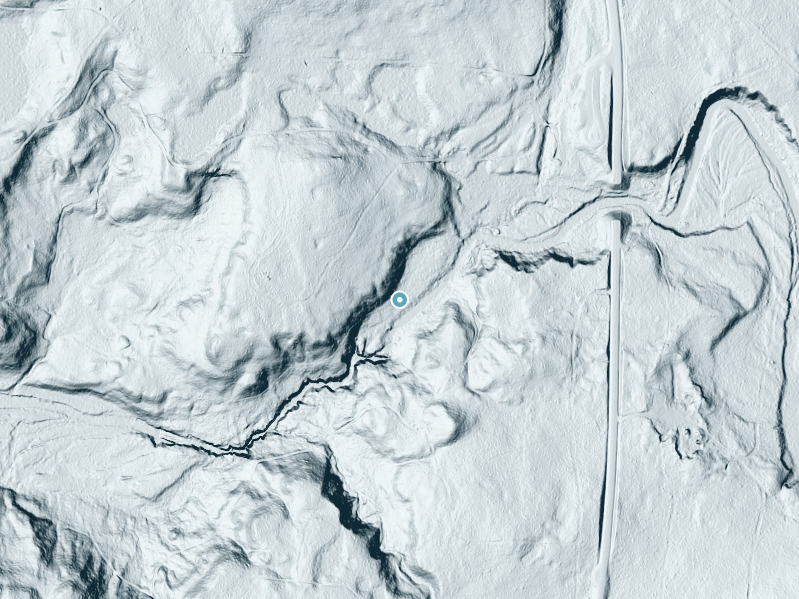 LiDAR bare-earth terrain around Canyon Falls near Covington, Michigan, showing about 68 feet of drop, a long cascade, facing southeast