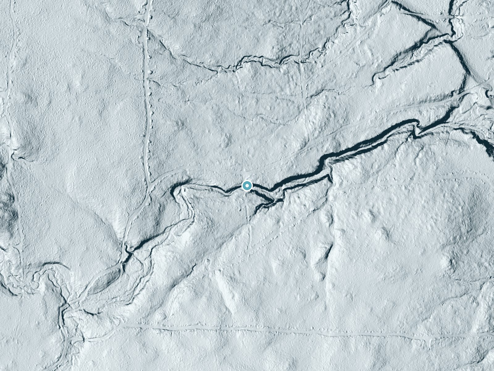 LiDAR bare-earth terrain around Rapid River Falls near Lake Gogebic, Michigan, showing about 50 feet of drop, a long cascade, facing southeast