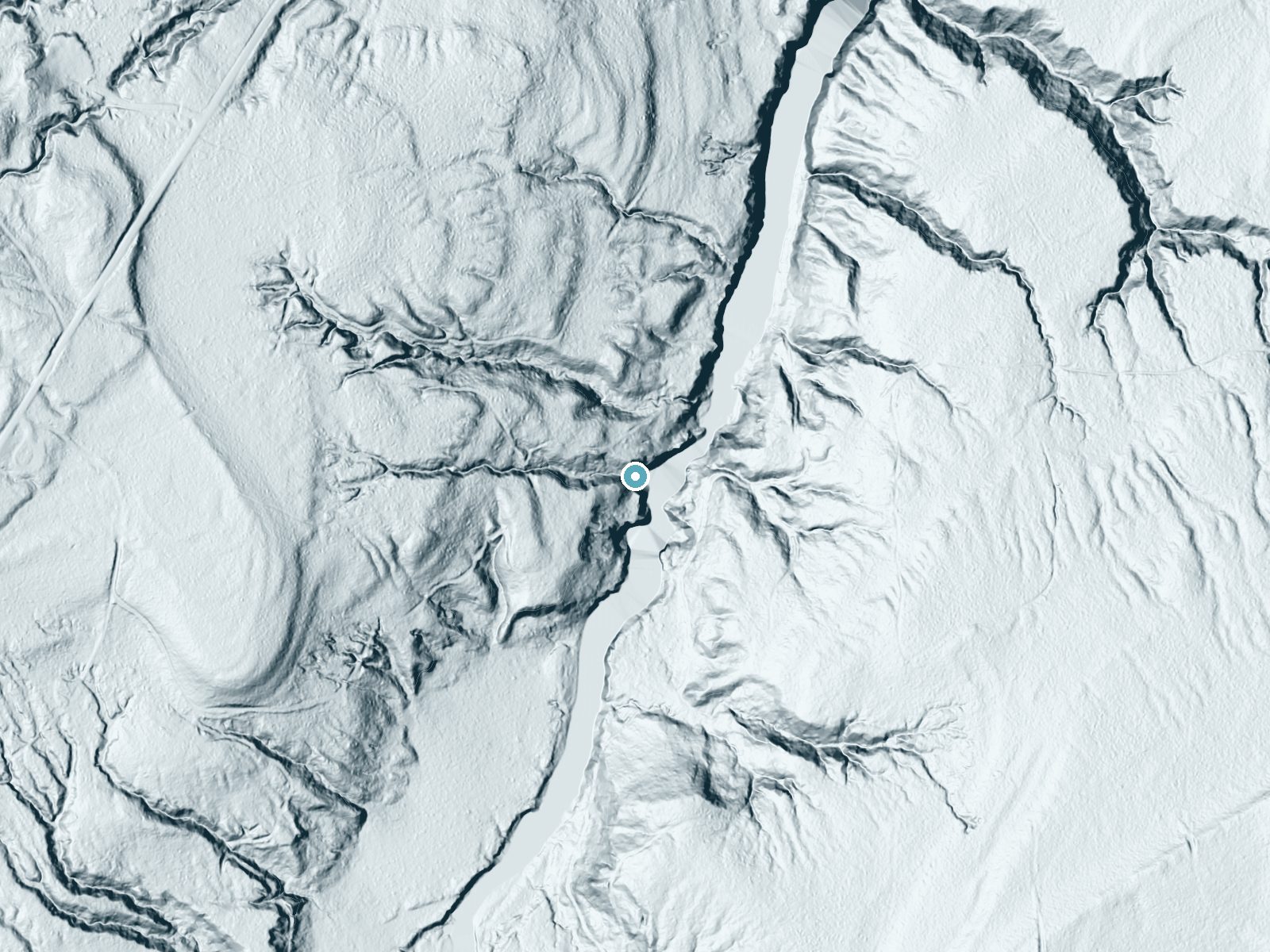 LiDAR bare-earth terrain around Great Conglomerate Falls near Bessemer, Michigan, showing about 103 feet of drop, a steep tiered drop, facing east