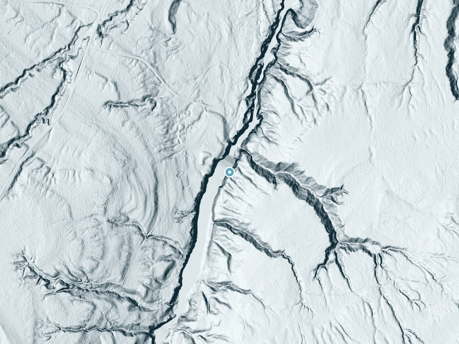LiDAR bare-earth terrain around Potawatomi Falls near Bessemer, Michigan, showing about 130 feet of drop, a steep tiered drop, facing northwest
