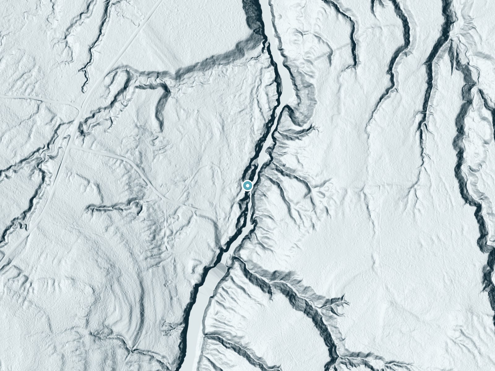 LiDAR bare-earth terrain around Gorge Falls near Bessemer, Michigan, showing about 157 feet of drop, a long cascade, facing north