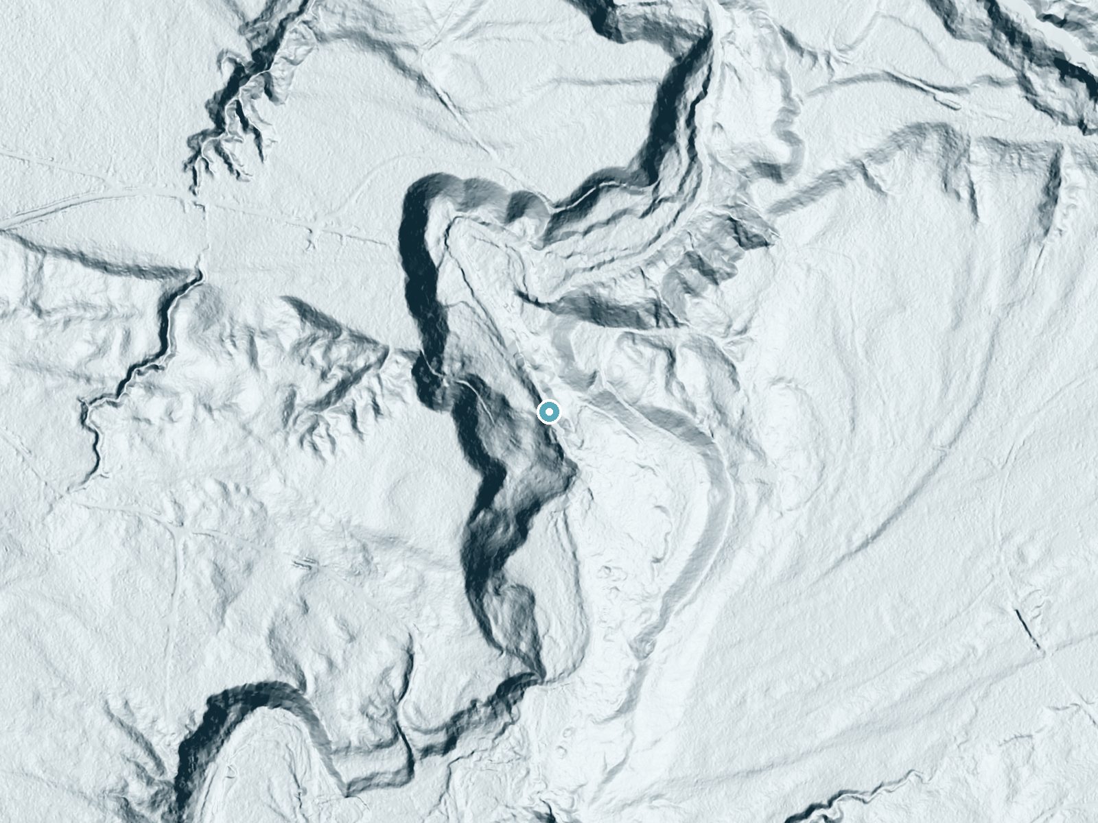 LiDAR bare-earth terrain around Ogimakwe Falls near Wakefield, Michigan, showing about 100 feet of drop, a long cascade, facing northwest
