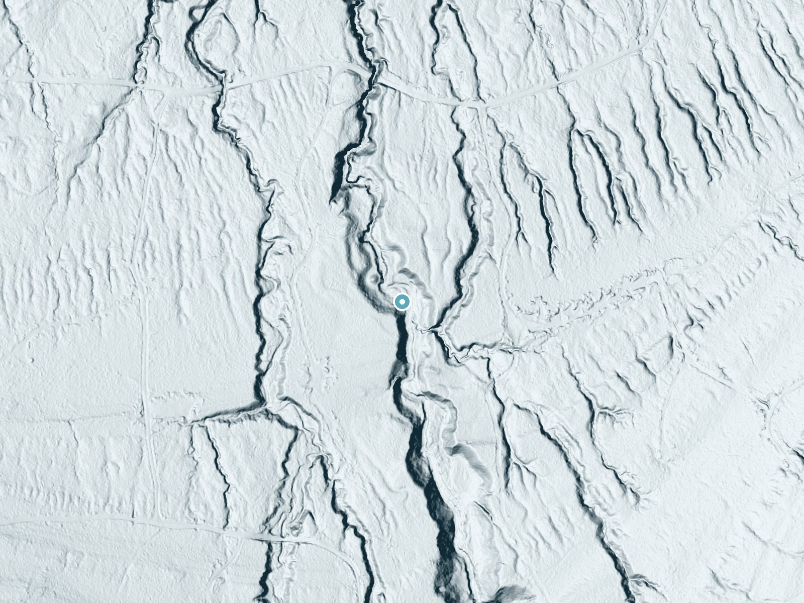 LiDAR bare-earth terrain around Manakiki Falls near Bessemer, Michigan, showing about 53 feet of drop, a long cascade, facing north