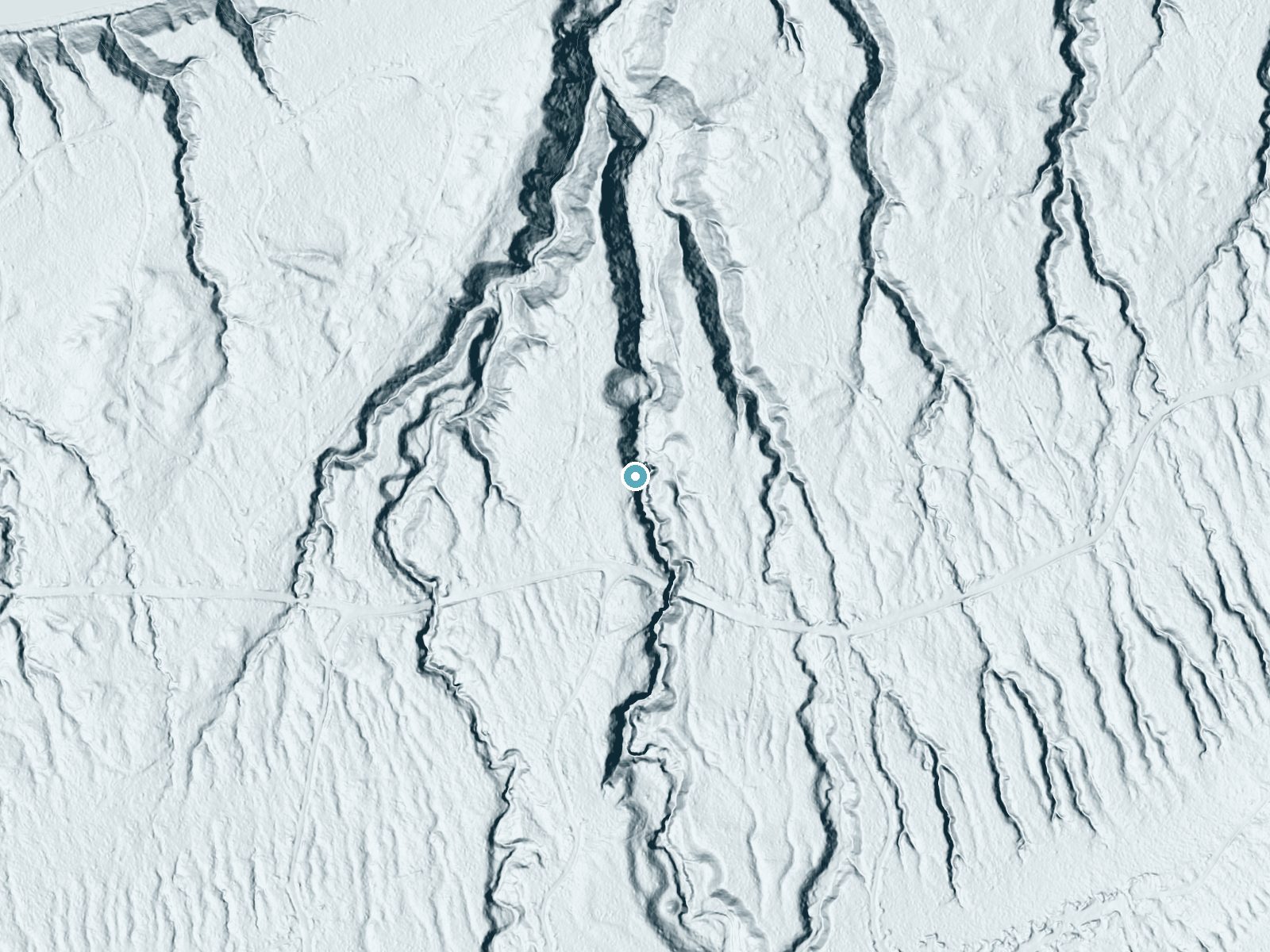 LiDAR bare-earth terrain around Maple Creek Falls near Bessemer, Michigan, showing about 60 feet of drop, a long cascade, facing northeast