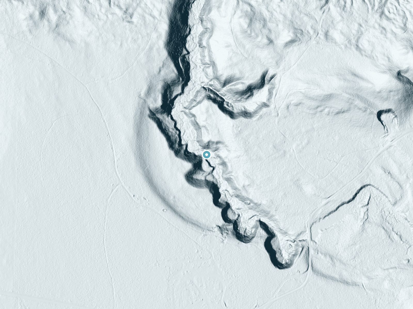 LiDAR bare-earth terrain around Ogemaw Falls near Baraga, Michigan, showing about 92 feet of drop, a steep tiered drop, facing southwest
