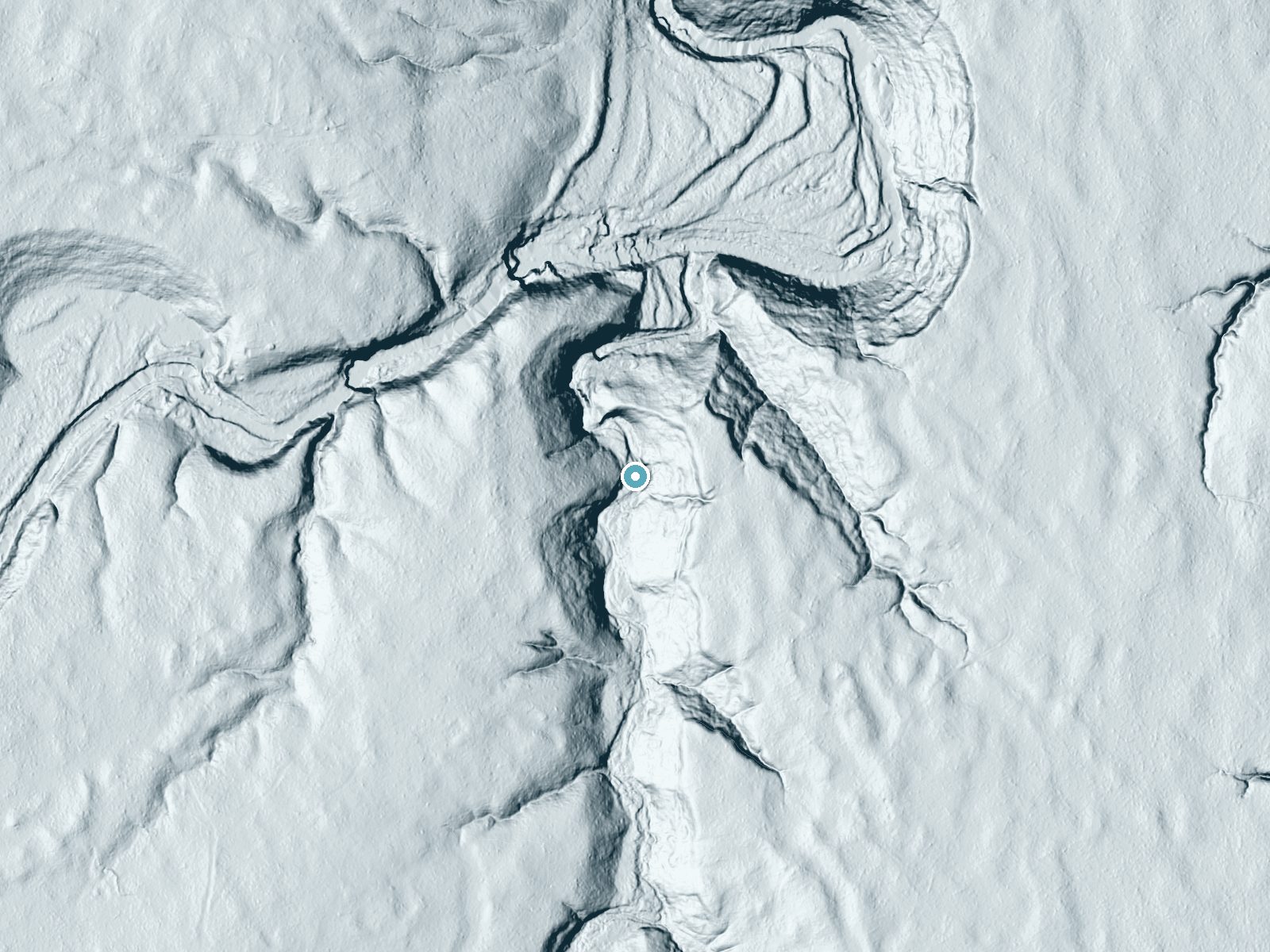 LiDAR bare-earth terrain around O Kun de Kun Falls near Rockland, Michigan, showing about 58 feet of drop, a long cascade, facing west